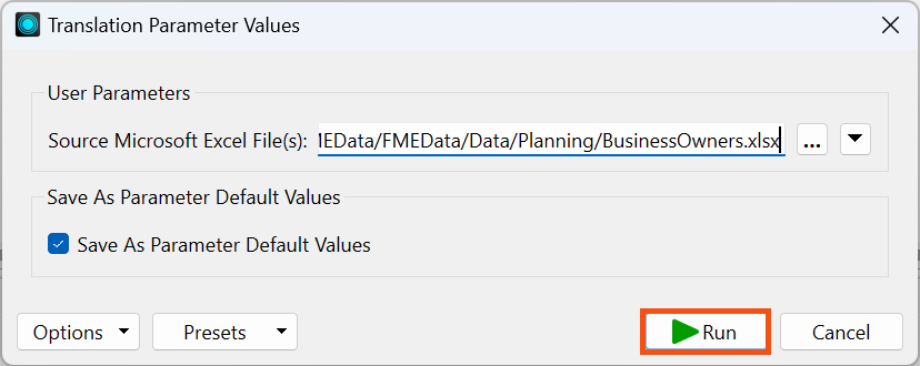 Confirming run on the Translation Parameters Dialog